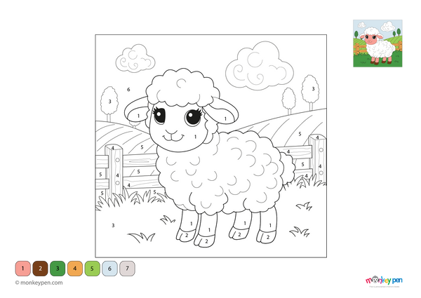 Color-by-number worksheet of a sheep in a pasture – free download for kids to color wool, grass, and peaceful farm background.