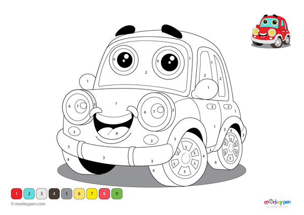 Color-by-number worksheet of a smiling car in town – free download for kids to color car, streets, buildings, and city scene