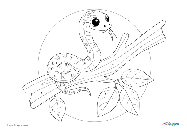 Color-by-number worksheet of a snake on a tree branch – free download for kids to color scales, branch, and surrounding leaves.