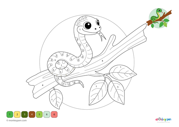 Color-by-number worksheet of a snake on a tree branch – free download for kids to color scales, branch, and surrounding leaves.