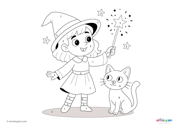 Color-by-number worksheet of a character casting a spell – free download for kids to color wand, robe, and magical effects.