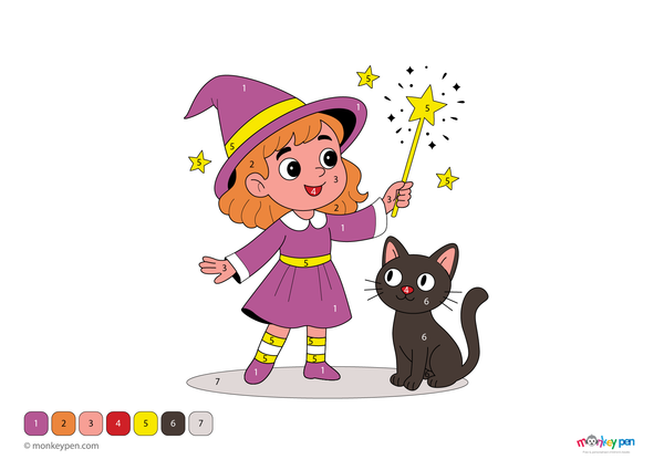 Color-by-number worksheet of a character casting a spell – free download for kids to color wand, robe, and magical effects.