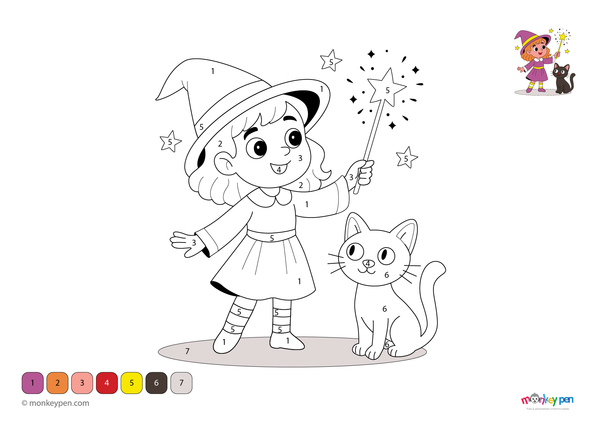 Color-by-number worksheet of a character casting a spell – free download for kids to color wand, robe, and magical effects.
