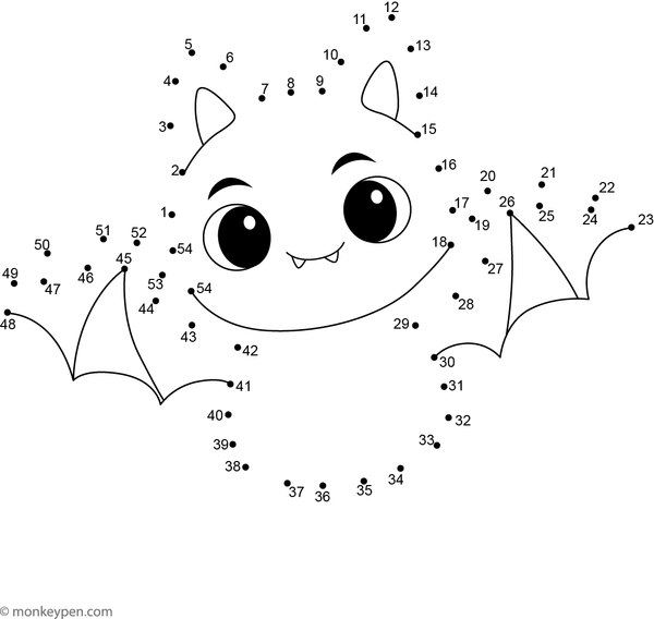 Outline of a smiling bat with outstretched wings, designed for children to trace, color, and decorate with a night sky scene.