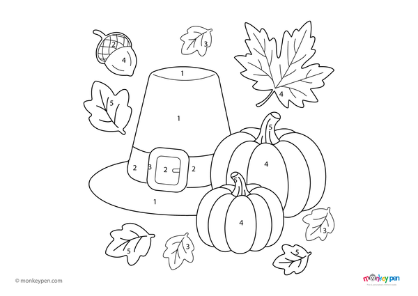 Color-by-number worksheet of a pilgrim hat and pumpkins – free download for kids to color festive fall and Thanksgiving elements.