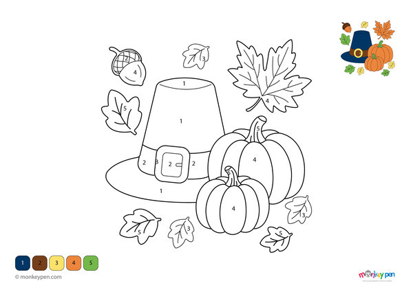 Color-by-number worksheet of a pilgrim hat and pumpkins – free download for kids to color festive fall and Thanksgiving elements.