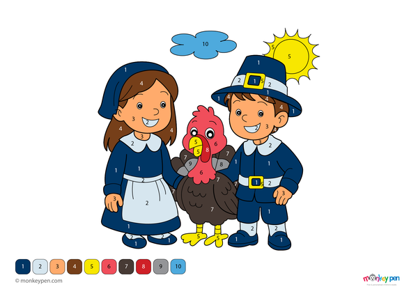 Color-by-number worksheet of pilgrim children with a turkey – free download for kids to color outfits, feathers, and fall scene.