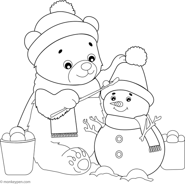 Bear Making Snowman Coloring Page