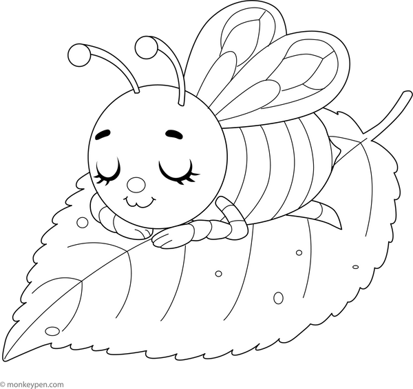 Sleepy Bee on Leaf Coloring Page