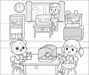 Classroom Pets coloring page – educational printable for children