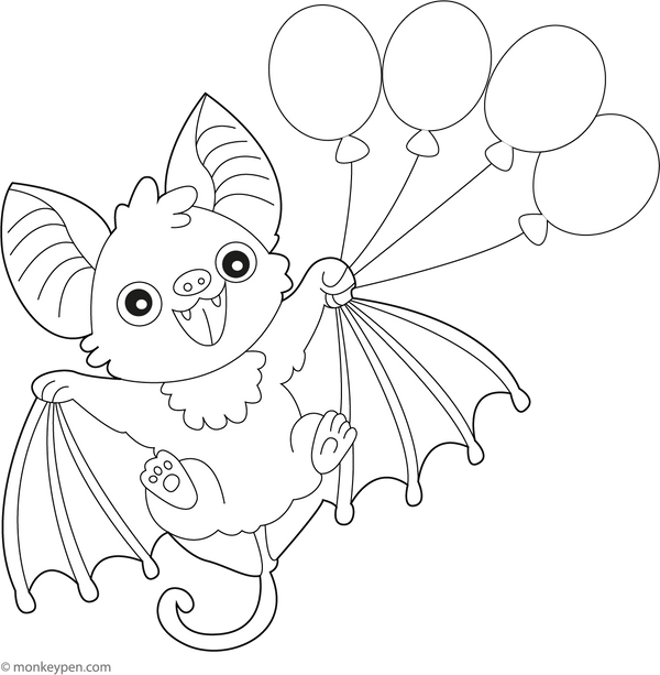 Bat Flying with Balloons Coloring Page