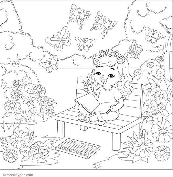 Girl and Butterflies Coloring Page – fun and educational printable for children