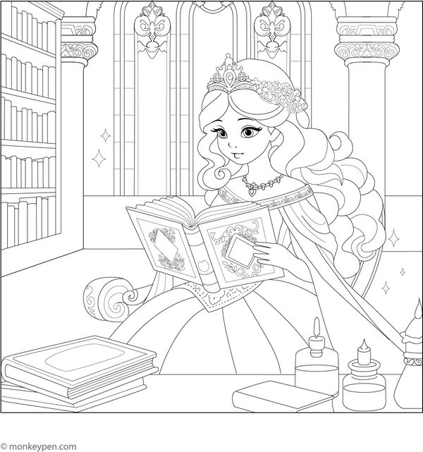 Princess with Magic Book Coloring Page