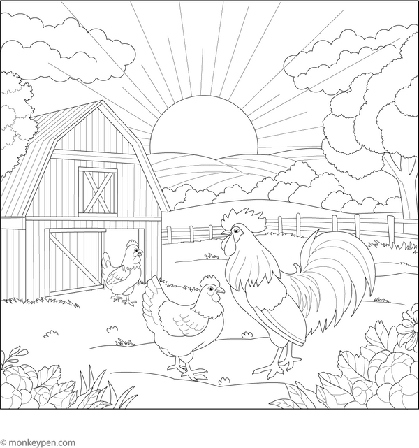 Sunrise on the Farm Coloring Page – fun and educational printable for children