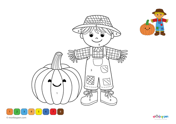 Color-by-number worksheet of a pumpkin with a cute scarecrow – free download for kids to color outfit, pumpkin, and fall scene.