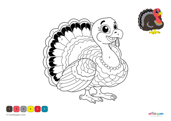Color-by-number worksheet of a Thanksgiving turkey – free download for kids to color feathers, beak, and autumn background.