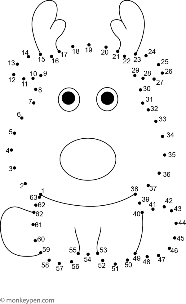 Connect-the-dots image of a smiling reindeer with antlers, waiting for children to trace and color in festive shades.