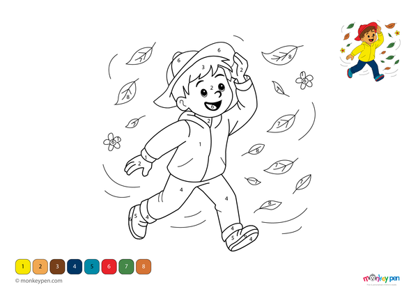 Color-by-number worksheet of a windy spring scene – free download for kids to color trees, flowers, and swirling wind.
