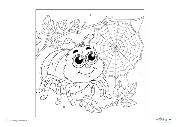 Color-by-number worksheet of a cartoon spider – free download for kids to color spider’s body, legs, and web.