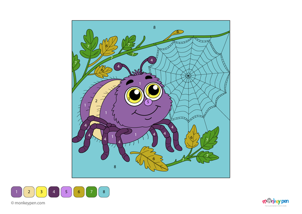 Color-by-number worksheet of a cartoon spider – free download for kids to color spider’s body, legs, and web.