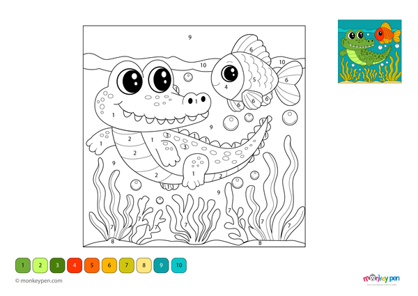 Color-by-number worksheet of a crocodile and fish – free download for kids to color scales, fins, and underwater scene.