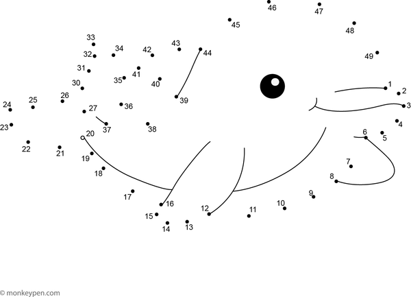 Outline of a playful dolphin jumping above the waves, designed for children to connect the dots and add color to create an ocean scene.