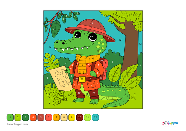 Color-by-number worksheet of a crocodile explorer – free download for kids to color jungle scene, gear, and crocodile.
