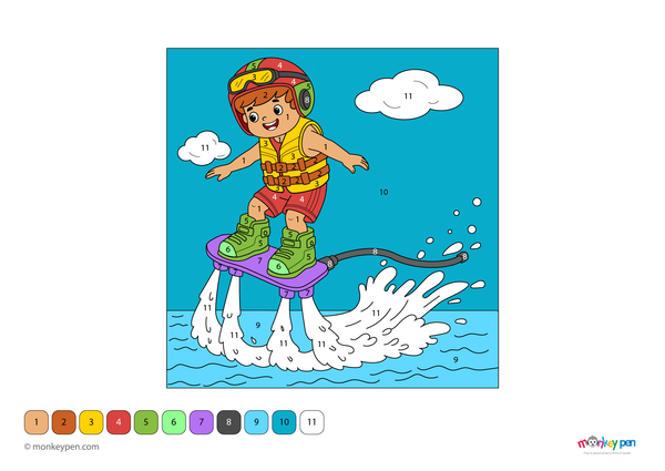 Color-by-number worksheet of a flyboard rider – free download for kids to color water, rider, and sky in this action scene.