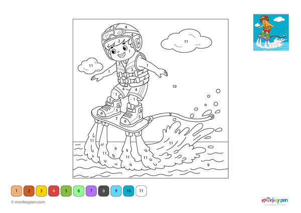 Color-by-number worksheet of a flyboard rider – free download for kids to color water, rider, and sky in this action scene.