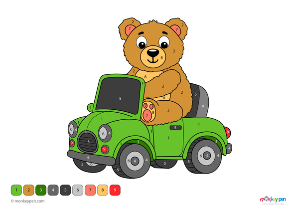 Color-by-number worksheet of a giant teddy bear – free download for kids to color fur, bowtie, and cozy background.
