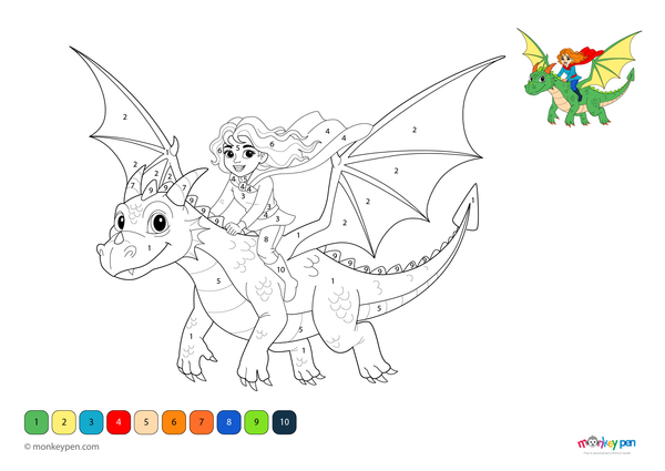 Color-by-number worksheet of a girl riding a flying dragon – free download for kids to color dragon scales, wings, and outfit.