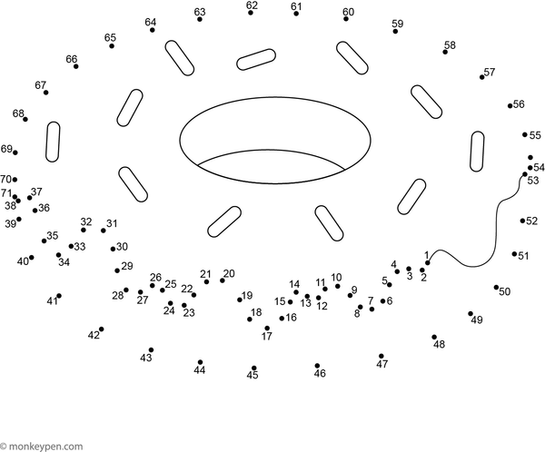 Dot-to-dot worksheet featuring a frosted donut with icing drips and sprinkles, designed for children to trace and color.