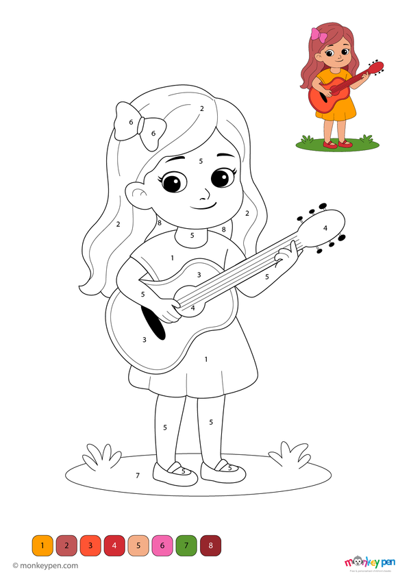 Color-by-number worksheet of a girl with a musical instrument – free download for kids to color clothes, instrument, and scene.