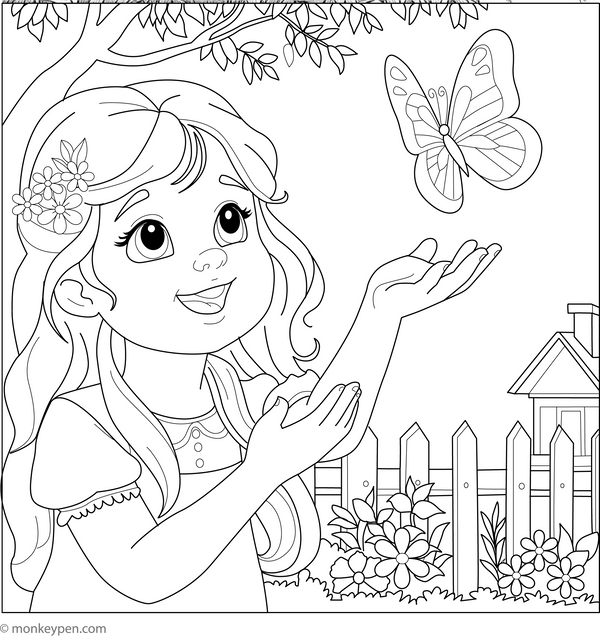 Girl Playing with Butterfly Coloring Page – fun and educational printable for children
