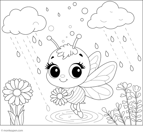 Bee in the Rain Coloring Page