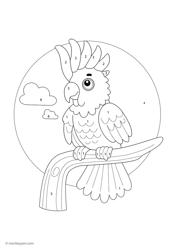 Free downloadable cockatoos color-by-number worksheet featuring tropical birds with numbered feathers, beaks, and background—a fun printable that helps children build number skills while exploring creative color play.