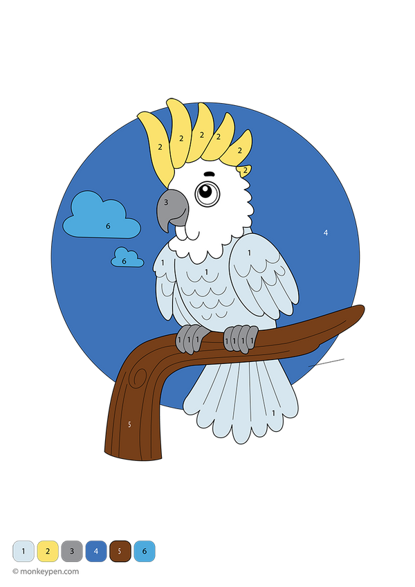 Free downloadable cockatoos color-by-number worksheet featuring tropical birds with numbered feathers, beaks, and background—a fun printable that helps children build number skills while exploring creative color play.