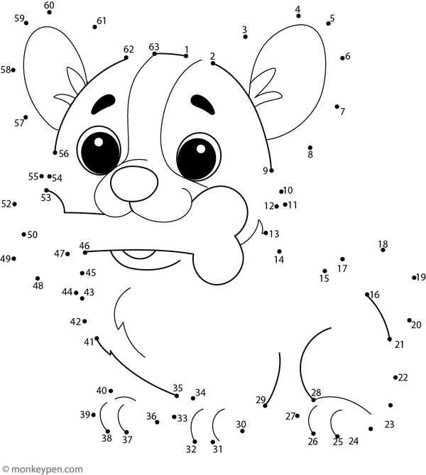 Printable dot-to-dot worksheet featuring a cartoon Corgi dog with short legs and large ears for children to connect and color.
