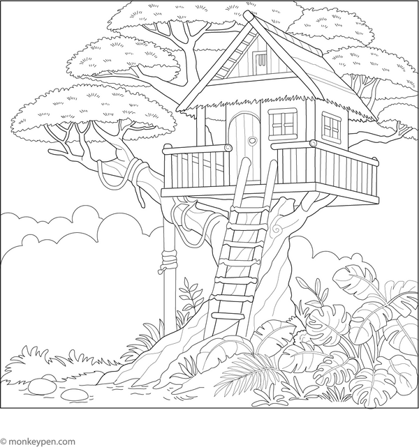 Forest Tree House Coloring Page – fun and educational printable for children