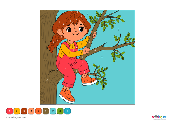 Color-by-number worksheet of a girl climbing a tree – free download for kids to color clothes, tree, and nature scene.