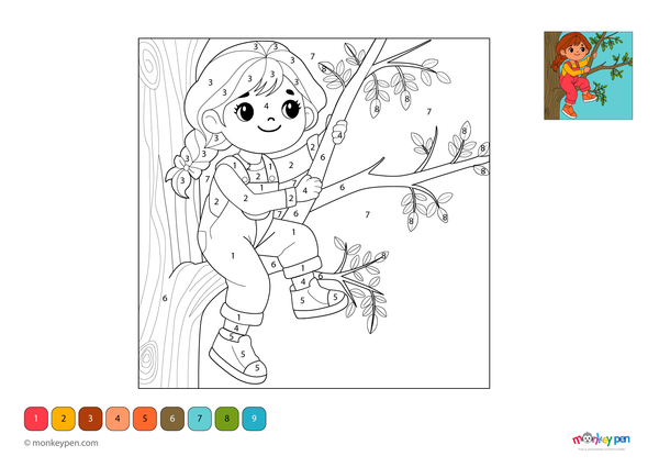 Color-by-number worksheet of a girl climbing a tree – free download for kids to color clothes, tree, and nature scene.