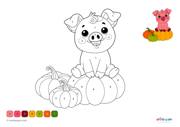 Color-by-number worksheet of a pig in a pumpkin patch – free download for kids to color pig, pumpkins, and fall background.