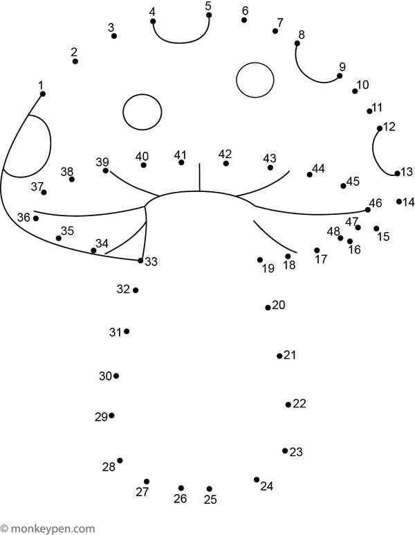 A connect-the-dots illustration of a forest mushroom with a spotted cap and short stem, ready for tracing and coloring.