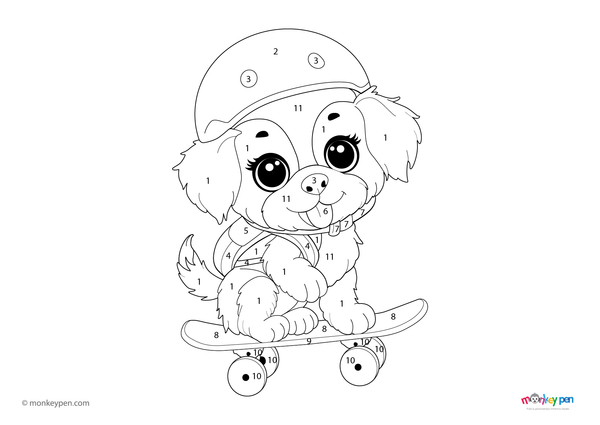 Color-by-number worksheet of a cute puppy – free download for kids to color fur, ears, and tail in this fun animal activity.