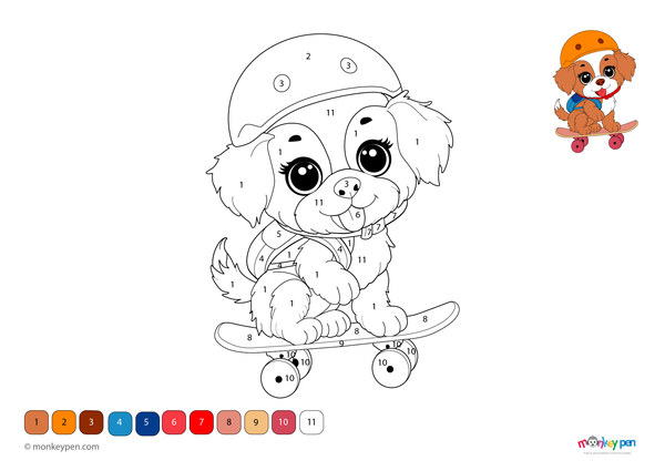 Color-by-number worksheet of a cute puppy – free download for kids to color fur, ears, and tail in this fun animal activity.