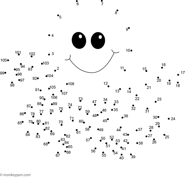 A connect-the-dots drawing of a smiling octopus with eight curled tentacles, designed for children to trace and color with ocean colors.