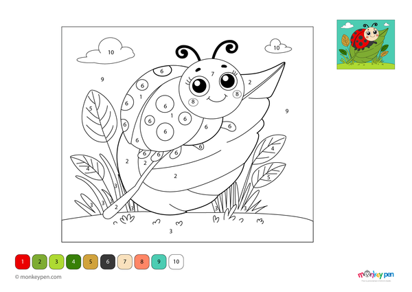 Color-by-number worksheet of a smiling ladybug on a leaf – free download for kids to color spots, shell, and leaf.