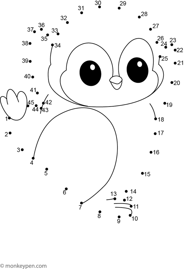 A connect-the-dots illustration of an adorable penguin standing upright with flippers extended, ready for children to color with icy shades.