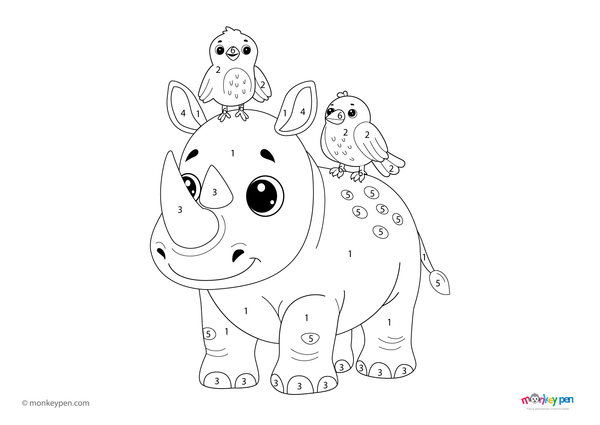 Color-by-number worksheet of a rhino in the savannah – free download for kids to color grey body, horn, grass, and trees.