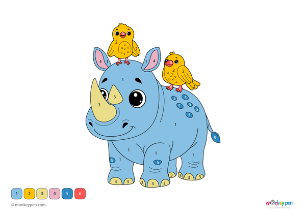 Color-by-number worksheet of a rhino in the savannah – free download for kids to color grey body, horn, grass, and trees.